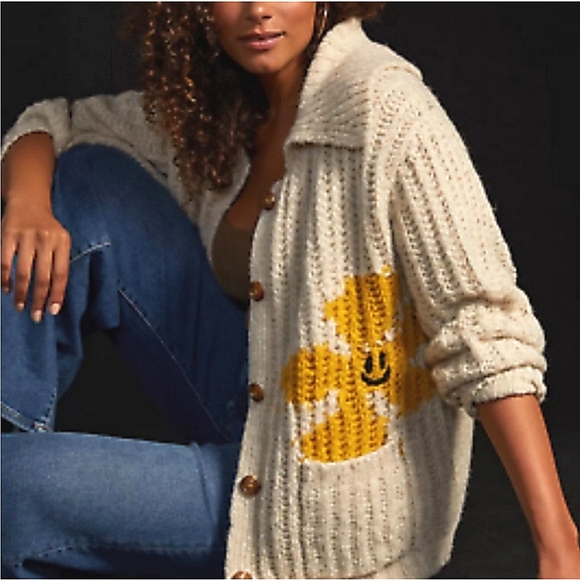 Anthropologie Pilcro Smiley Face Flower Cardigan Sweater Size Small - Picture 5 of 15